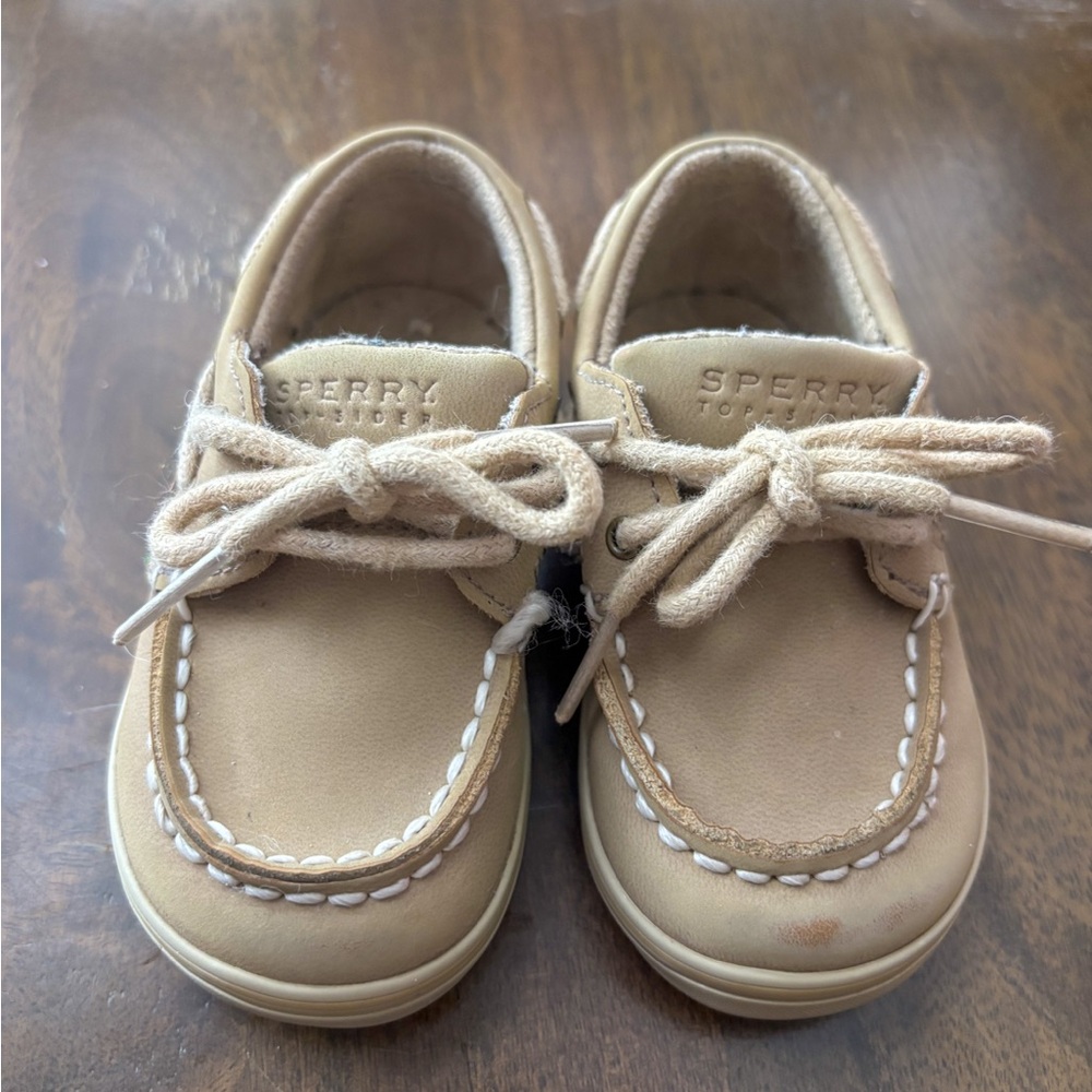Sperry Infant Tan Moccasin Shoes with Laces and Nautical Stitching